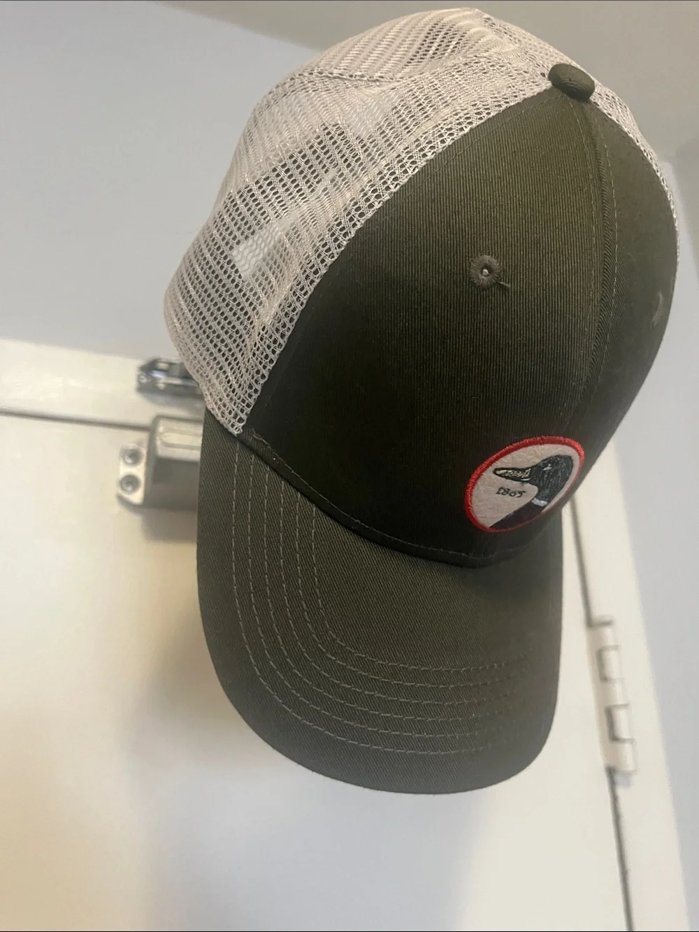Duck Head Olive Green and White Mesh Trucker Hat with Duck Patch